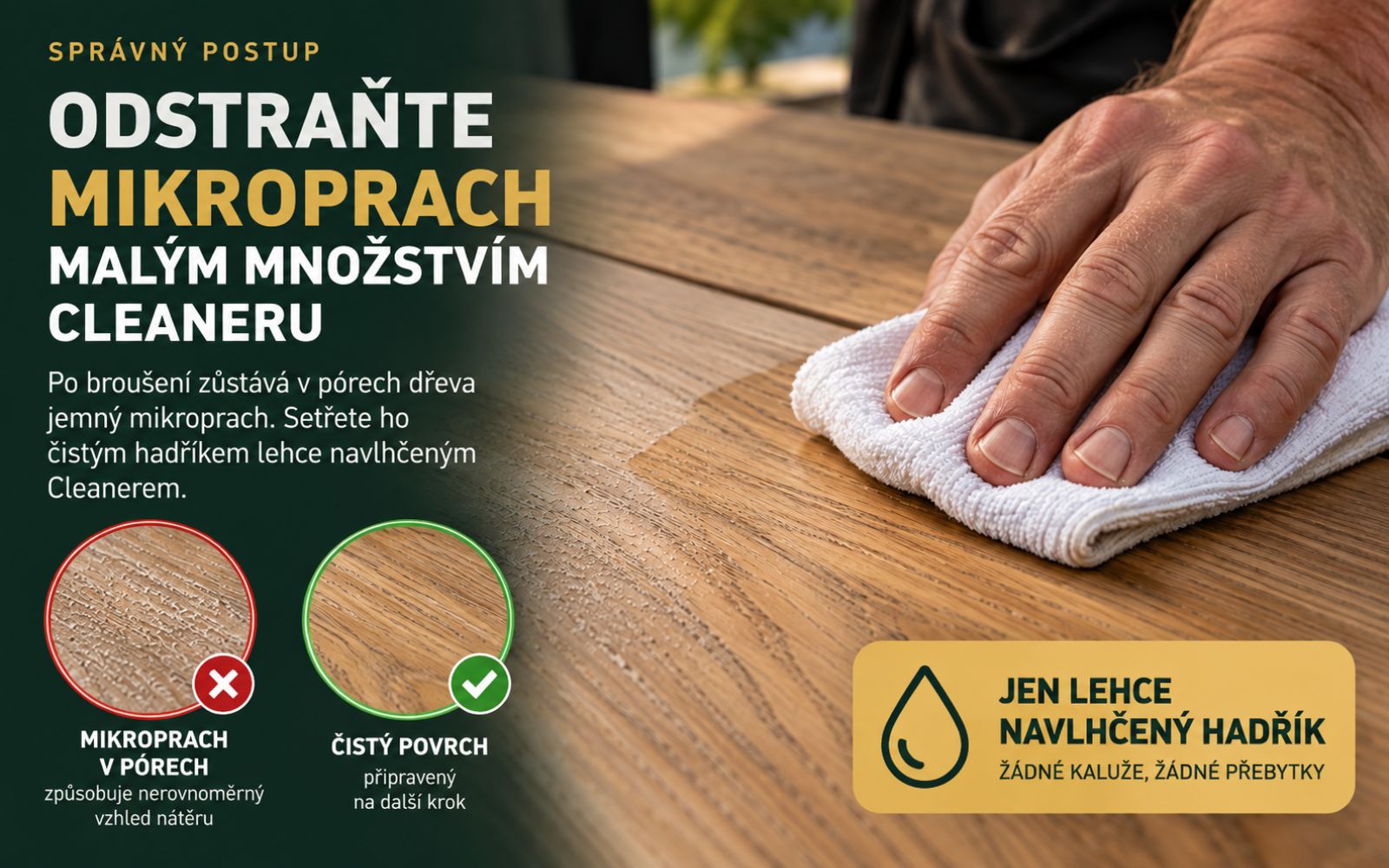 Lehce navlhčený hadřík s Cleanerem odstraňuje mikroprach z vybroušeného dubu